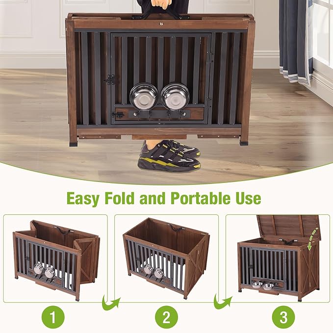 GUTINNEEN Dog Crate Furniture Foldable Dog Kennel for Small Medium Dogs Large Solid Wood Dog House with Bowl Heavy Duty Dog Cage End Table (Dark Brown)