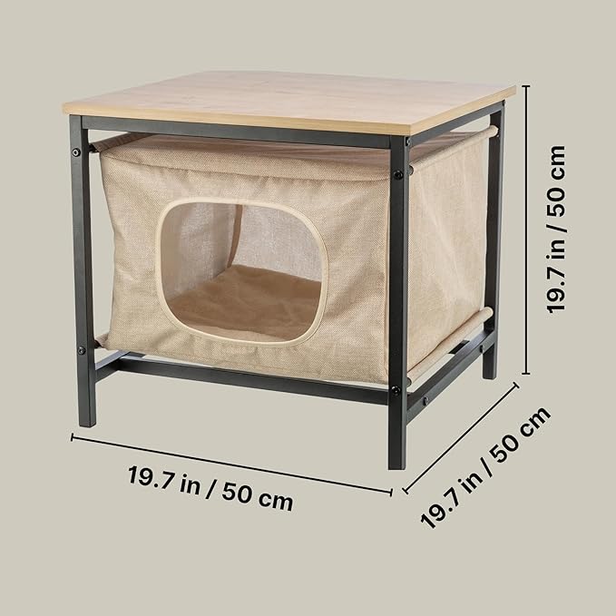 Trixie Emmie Indoor Cat Condo, Cozy Cat House with Metal Frame and Sturdy Fabric and Cozy Cushion for Extra Comfort, Classic Style Design, Natrual/Beige, Use as a Table & Nightstand