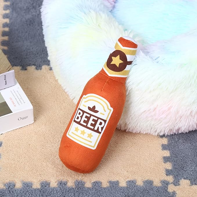 Squeak Dog Toy Soft Plush- Chew Beer-Bottle Shape Squeeze with Squeaker for Medium & Small Dog, 24*7cm