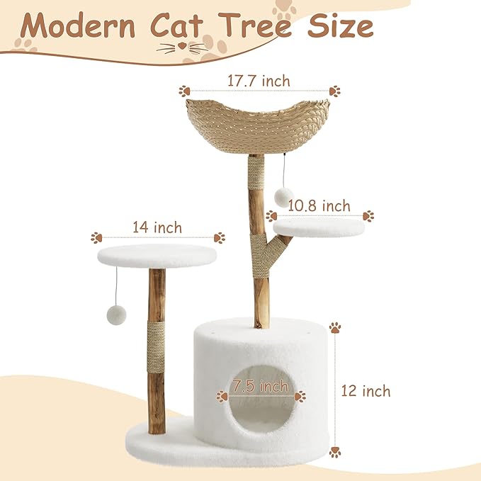Real Wood Modern Cat Tree Tower, Cat Scratching Post with Bed for Indoor Cats with Natural Wicker Condo, Aesthetic Tree Stand, Boho Luxury Pet Furniture Two Platform