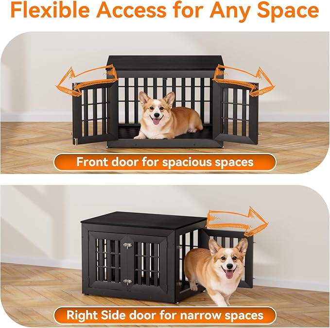 Snuowu 32" Heavy-Duty Dog Crate Furniture for Small/Medium Dogs, Rustic Wooden Dog Cage Kennel Indoor Furniture, Decorative Pet House End Table, Black