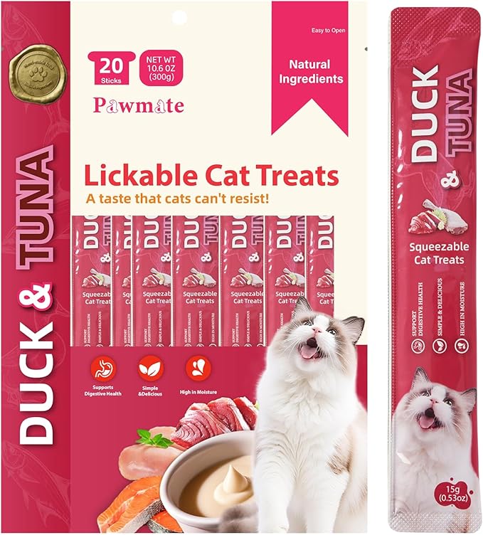 Pawmate Lickable Tuna & Duck Cat Treats, High Moisture Wet Cat Squeeze Snacks for Urinary Health & Hydration, Creamy Cat Puree for Kittens & Adult Cats, Grain-Free & Easy to Digest, 20 Tubes, 15g Each