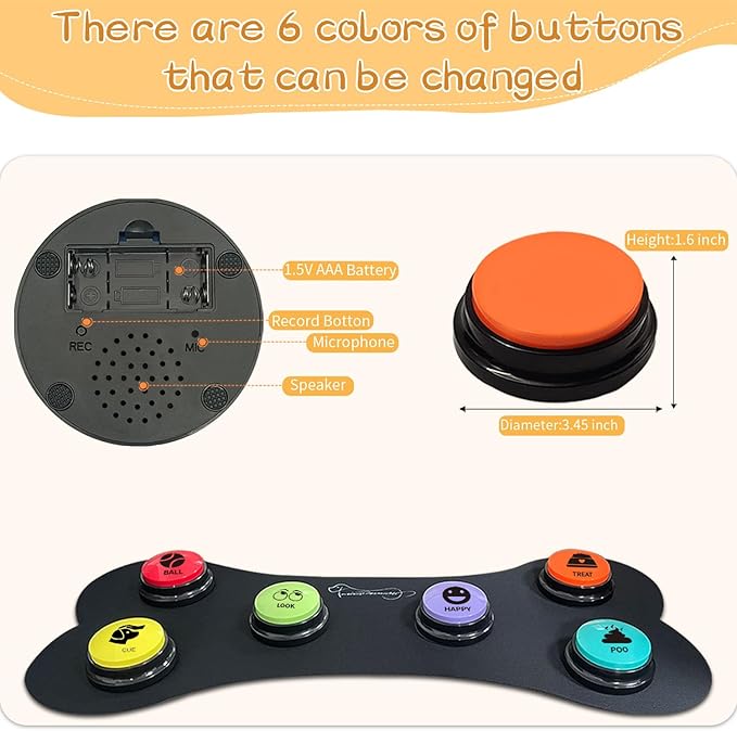 RIBOSY Dog Speech Training Buzzer Set, 6 Recordable Buttons with Non-Slip Rubber Mat and 50 Stickers - Record& Playback Your Own Voice to Train Your Dog Voice What They Need (Battery Included)