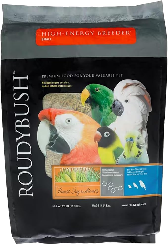 Roudybush High Energy Breeder Food for Breeding & Weaning Birds - Scientifically Formulated Bird Feed - Bird Food Pellets w/ Corn, Wheat, Soy - Nutritious & Healthy Feed for Birds (Small, 25lb)