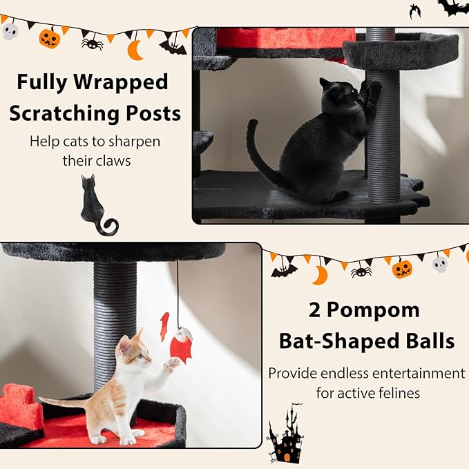 PETSITE 49 inch Gothic Cat Tree, Multi-Level Halloween Goth Cat Tree Tower with Coffin Bed, Scratching Posts, 2 Condos, Cozy Top Perch, Bat-Shaped Teasing Balls, Black