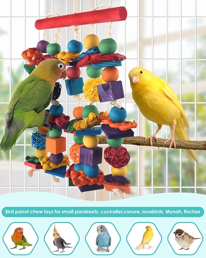 DBNESS Bird Toys, 2PCS Parrot Foraging Hanging Toy, Multicolored Natural Wooden Blocks Parakeet Chewing Toys mit Rattan Wicker Balls, for Medium Small Cockatoos Budgie Lovebird Cockatiel Conure