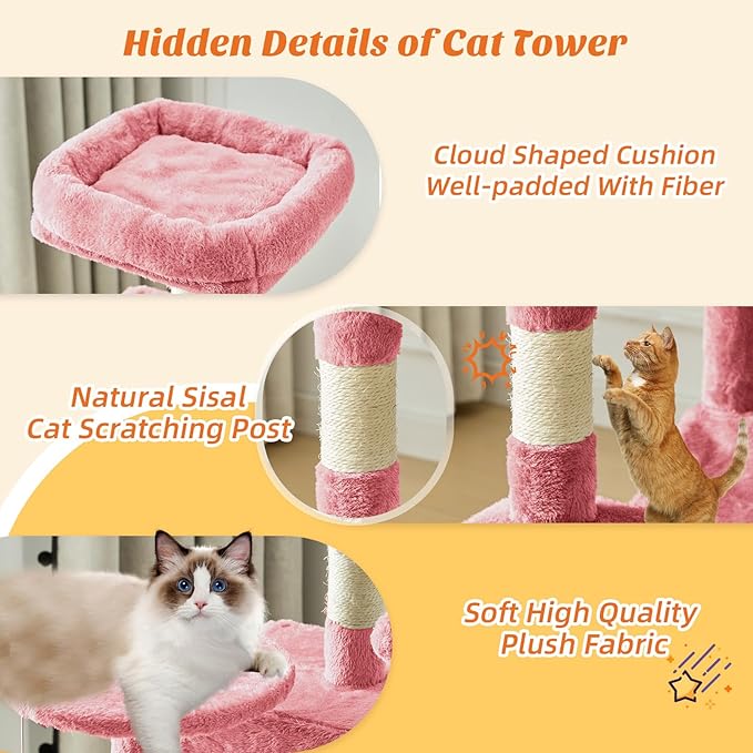 Cat Tree Tower 44 Inch, Small Cat Tower with Condo, Hammock, Sisal Scratching Posts, Extended Perch, Pet Play House for Indoor Kittens and Cats, Pink