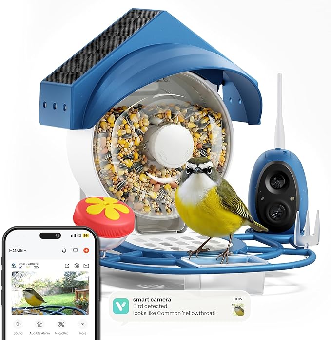 Smart Bird Feeder with Camera - 2K HD Smart Bird Feeder, Solar Powered Outdoor Birdhouse with Easy Clean Design for Backyard Birding & Wildlife Bird Watching, Gift for BirdLover (Blue)