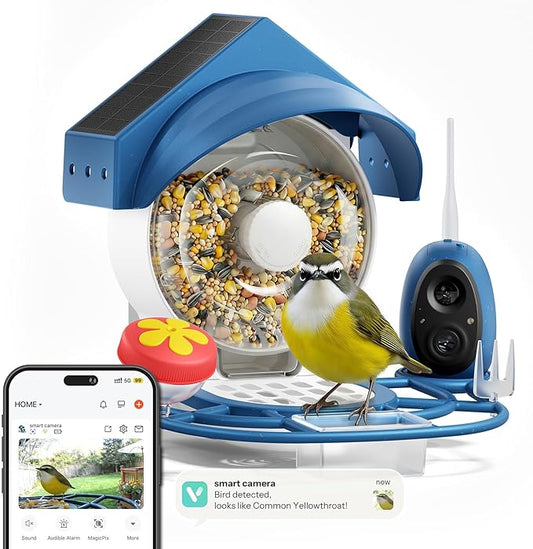 Smart Bird Feeder with Camera - 2K HD Smart Bird Feeder, Solar Powered Outdoor Birdhouse with Easy Clean Design for Backyard Birding & Wildlife Bird Watching, Gift for BirdLover (Blue)