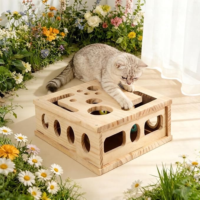 Cat Nail File Enrichment Box with Sandpaper 3 Balls, Multilayer Solid Wood Cat Scratch Puzzle Box Nail File, Interactive Cat Puzzle Toy for Indoor Cats, Alternative to Nail Clippers