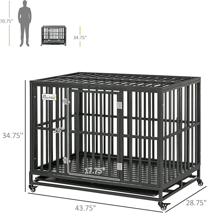 PawHut Heavy Duty Dog Crate Metal Kennel and Cage Dog Playpen with Lockable Wheels, Slide-Out Tray and Anti-Pinching Floor, 45" x 29.5" x 35"