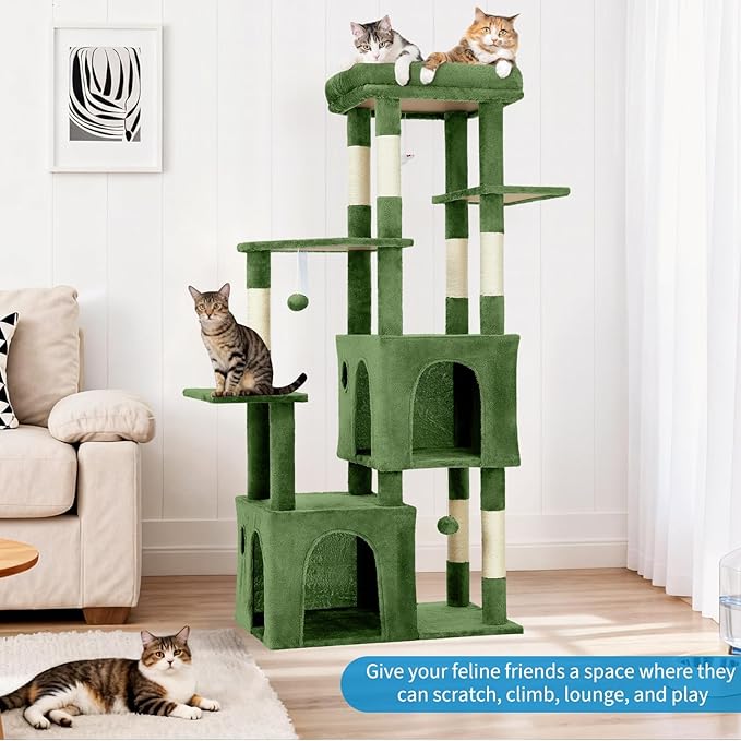 GarveeLife 61" Multi-Level Cat Tree for Indoor Cats, Heavy-Duty Tower for Large Adult & Maine Coon Cats with Oversized Perch, Dual Condos, Natural Sisal Scratching Posts & Play Toys – Green