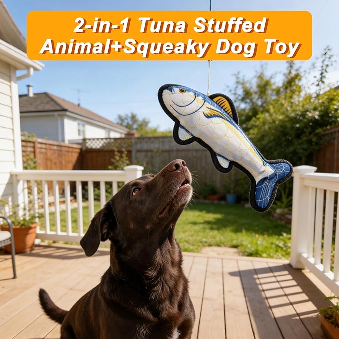 Recycled Canvas Tuna Squeaky Dog Toy for Chewers Puppy Teething Chew Toy Cute Blue Fish Stuffed Animal Durable Interactive Dog Squeak Toy for Small Medium Large Dogs Toy Gift 32.5cm/12.8in