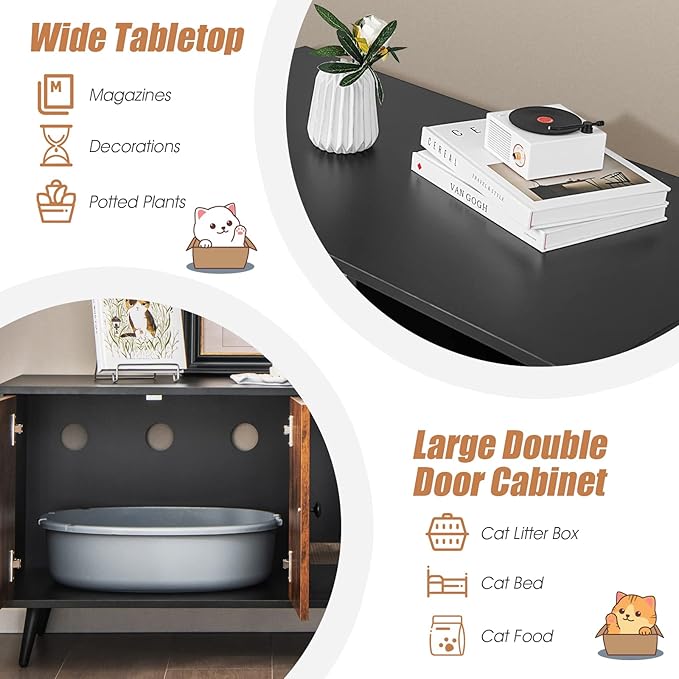 PETSITE Litter Box Enclosure, Wooden Hidden Litter Box Furniture with Cabinet & Scratching Pad, Stackable Cat Washroom Pet House End Table