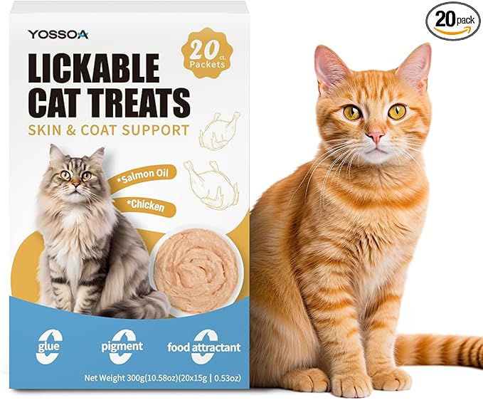 20Tubes Lickable Cat Treat, No Gums or Fillers Cats Puree Treats,Skin & Coat Support Cat Squeeze Treats, Omg3 Squeezable Creamy Cat Lickables, Grain Free Cat Snacks for Sensitive Stomach
