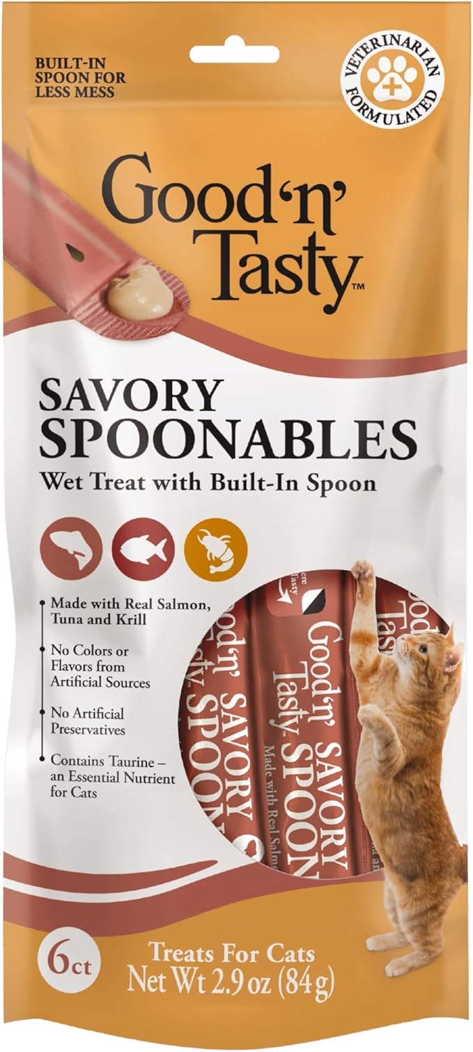 Good ‘n’ Tasty Savory Spoonables with Real Salmon, Tuna & Krill, 6 Count Tube, Triple Flavor Squeezable Lickable Wet Treats for Cats with Built-in Spoon for Less Mess, 6 Pack