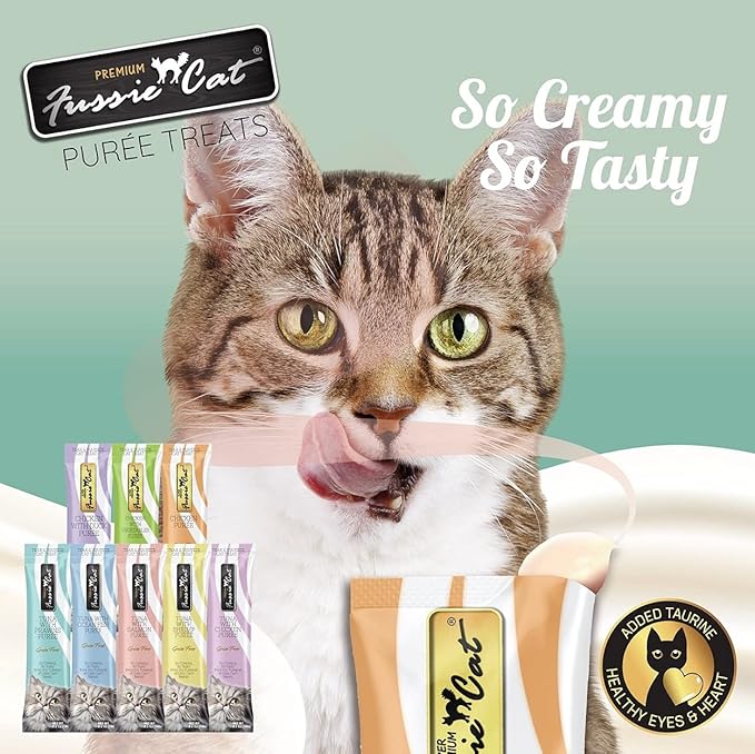 Fussie Cat Puree Grain Free Treat in 3 Flavors: (1) Tuna with Prawns, (1) Chicken with Duck and (1) Chicken (3 Four-Tube Packs, 12 Tubes Total, .5 Ounce per Tube) Plus Silicone Lid
