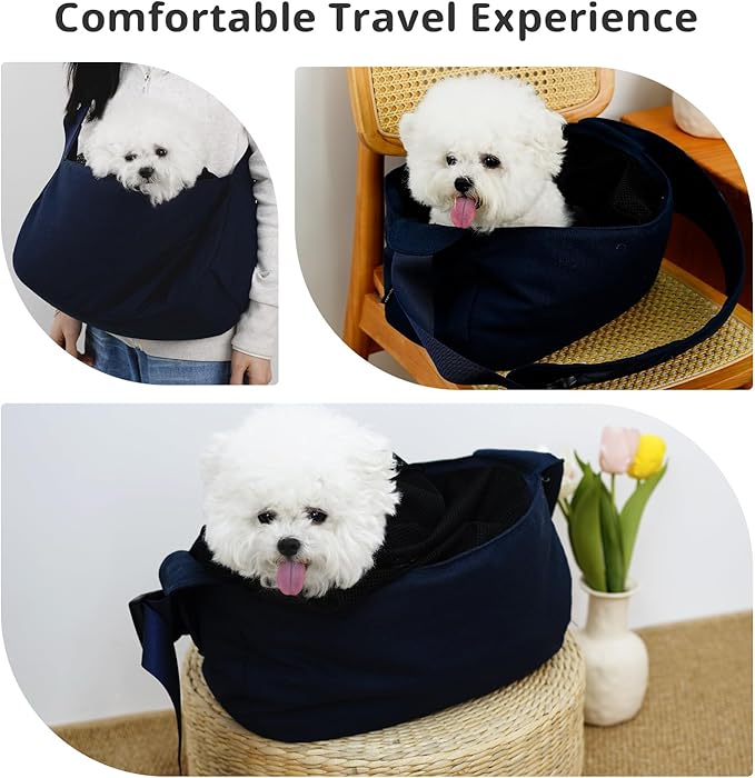 ONECUTE Dog Sling Carrier for Small Dogs and Cats, Lightweight Collapsible Pet Travel Bag with Adjustable Strap, Side Pockets & Breathable Mesh (Navy Blue, 15.7" L x 5.9" W x 8.6" H)