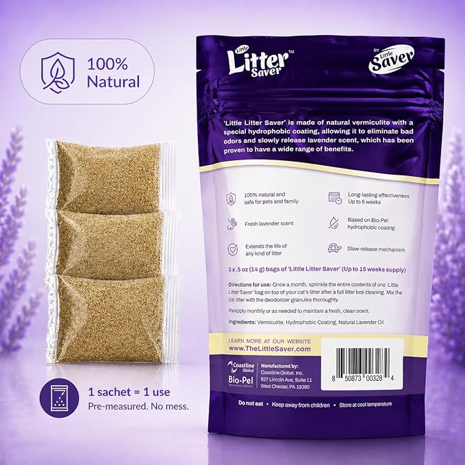Little Litter Saver | a New Generation Of Cat Litter Box Deodorizer | Unique Slow Release Formula | Natural Fresh Scent | Up to 15 Weeks Supply | 3 x 0.5oz bags (Lavender)