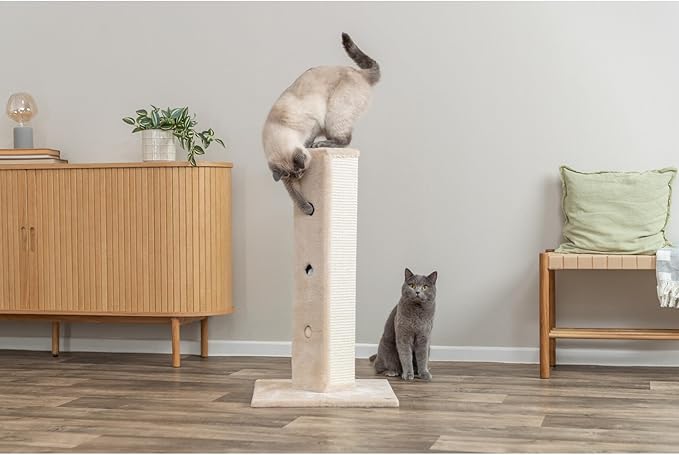 TRIXIE Soria Cat Scratching Post 31.5 Inch - Scratcher With Soft Fabric Covering Base and Durable Sisal Rope - Peek-a-Boo Cutouts, Hide and Seek Toy - in Greige