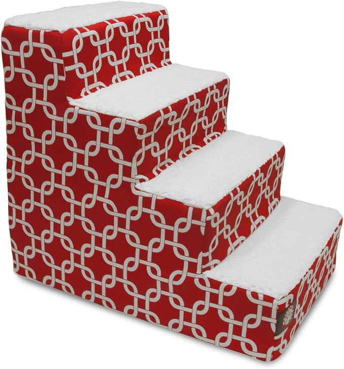 Majestic Pet 4 Step Portable Dog Stairs for Small Dogs to get on Bed Supports 25 lbs or Less – Dog Steps for High Bed with Machine Washable Cover – Pet Stairs for Cats Links Red