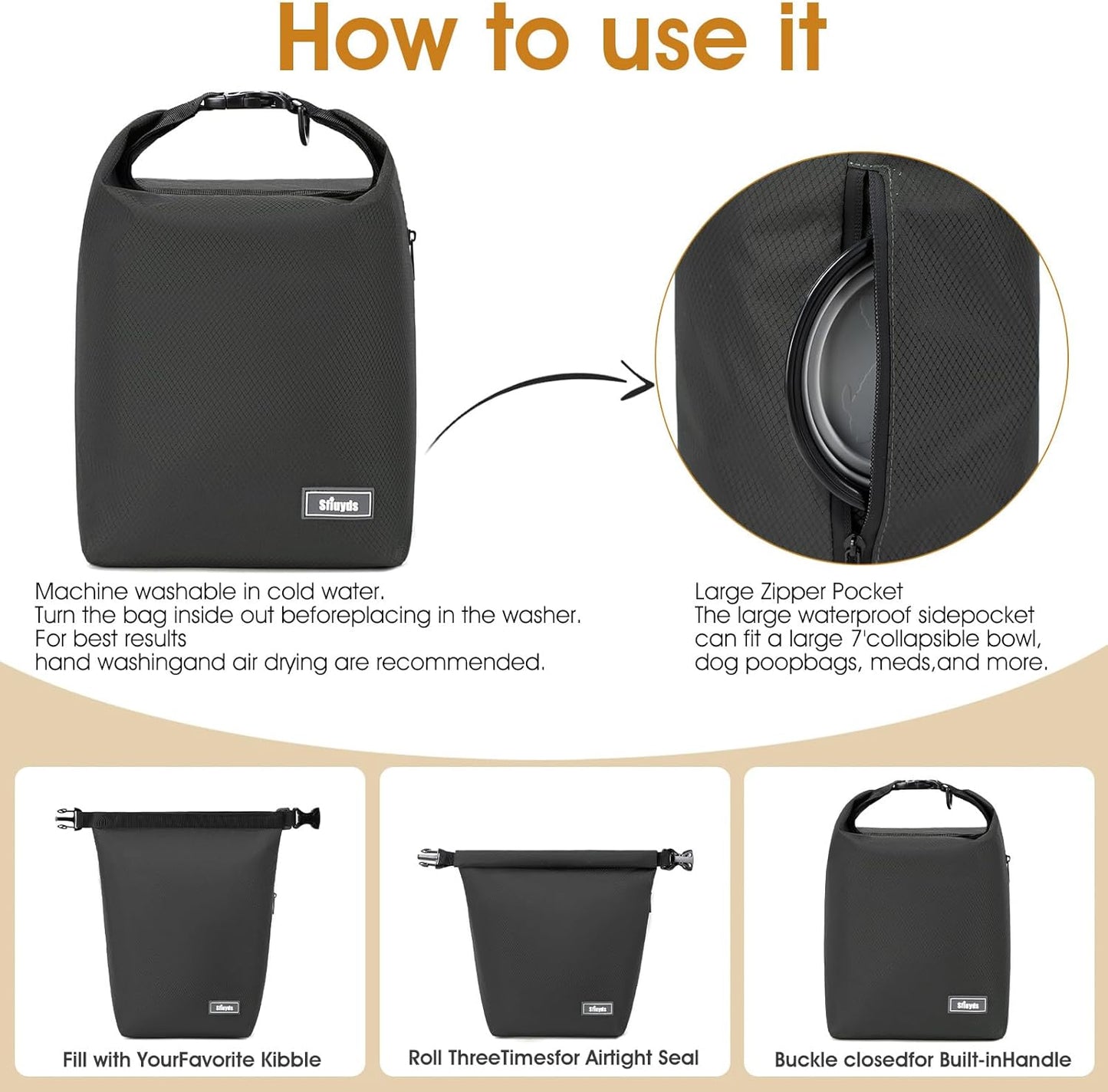 Dog Food Travel Bag,40-Cup Pet Food Storage Containers with 2PCS Collapsible Dog Travel Bowls,Waterproof Kibble Storage Container(Black, Large)