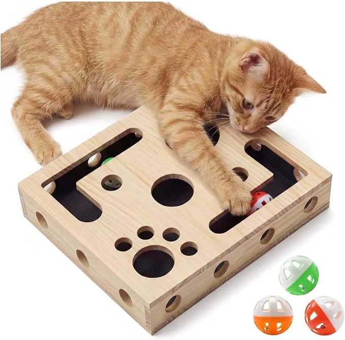 2026 Upgrade Nail File Stress Free Alternative ，Wood Cats Scratch Puzzle Enrichment Box with Bell Ball & Sandpaper Inside，Stress-Free Alternative to Claw Clippers & Grinders (Box)
