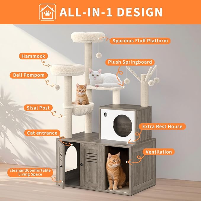 Furniture Style Cat Tree Tower & Hidden Litter Box Cabinet Combo – Multi-Level Cat House with Sisal Scratching Posts, Perch & Luxury Hammock