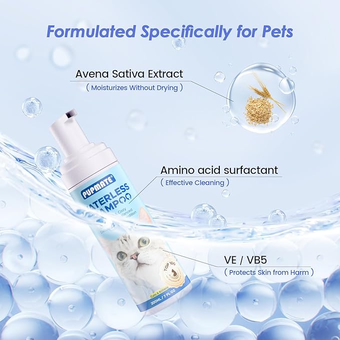 Cat Waterless Shampoo with Cat Brush - No Rinse Foam Dry Shampoo | Deep Cleansing Relieves Itchy Skin & Shedding | Gentle, pH-Balanced for Kittens Sensitive Skin | Specifically for Cat Bath | 7 oz*2