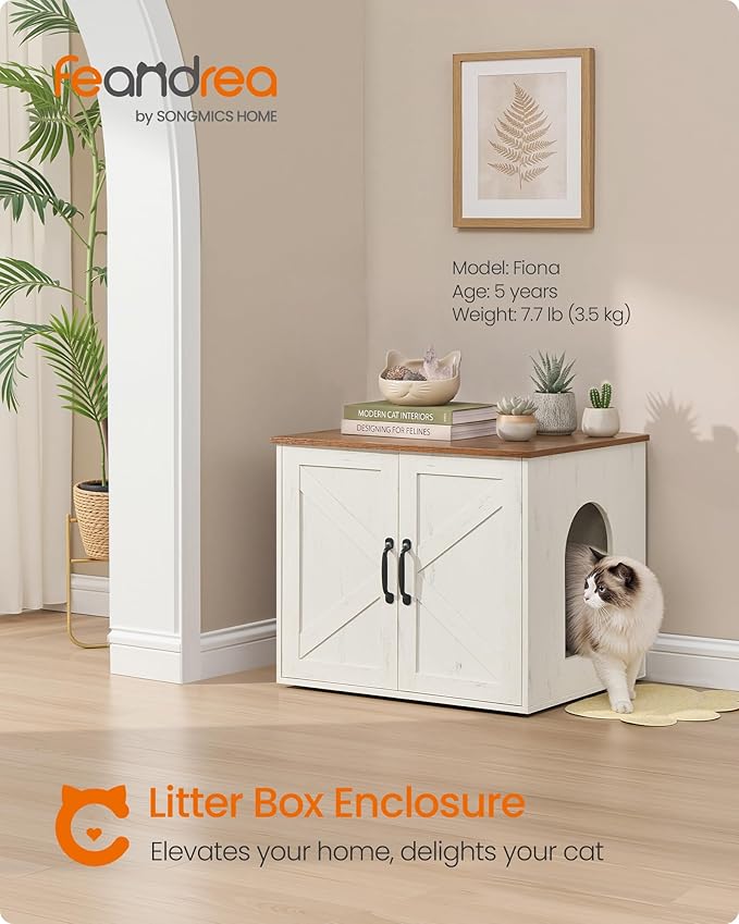 Feandrea Cat Litter Box Enclosure, Hidden Litter Box Furniture, Indoor Pet House End Table, 23.6 x 19.7 x 19.7 Inches, Rustic White and Honey Brown UPCL042W201