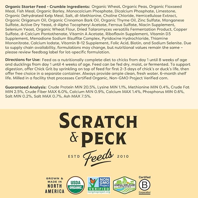 Scratch and Peck Feeds Whole Grain Starter Crumbles Chicken and Duck Feed - 25 lbs Bag - Corn-Free and Soy-Free - 20.5% Protein, Certified Organic and Non-GMO Project Verified Chicken Food