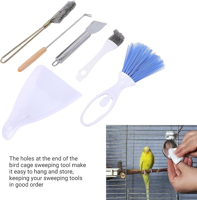 AYNEFY 6pcs Set Bird Cage Cleaner Kit, Brush Tool Stainless Steel Poop Remover Bird Cage Accessories Suitable for Rabbit Cages, Hamster Cages, Cages