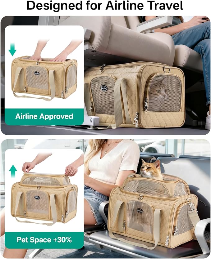 Cat Carrier Airline Approved 17x11x9.5 Inches, Top Expandable Soft Sided Pet Travel Carrier for Cats & Small Dogs, Fits Under Airline Seat with Locking Zippers, Brown