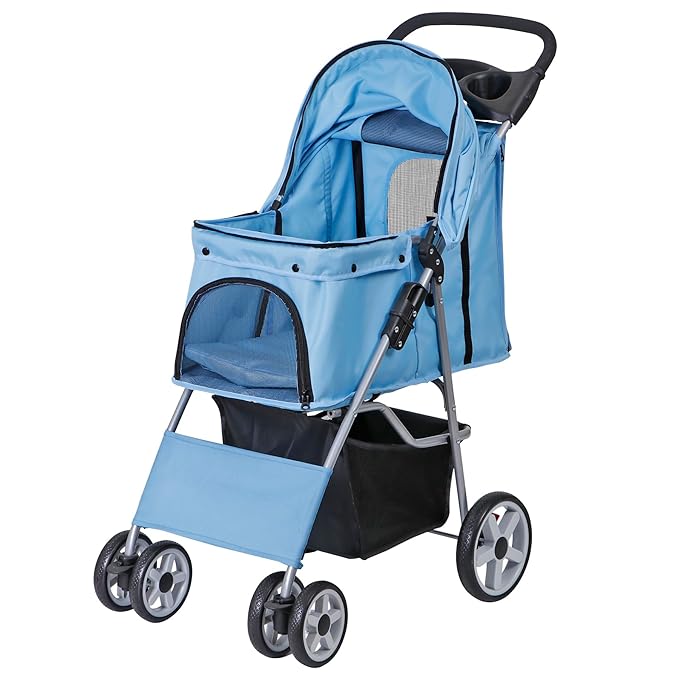 4 Wheels Foldable Pet Dog Cat Jogger Stroller Travel Carrier Strolling Cart w/Waterproof Cover Storage Basket Cup Holder & Removable Liner for Medium Small Cat Dog, Blue