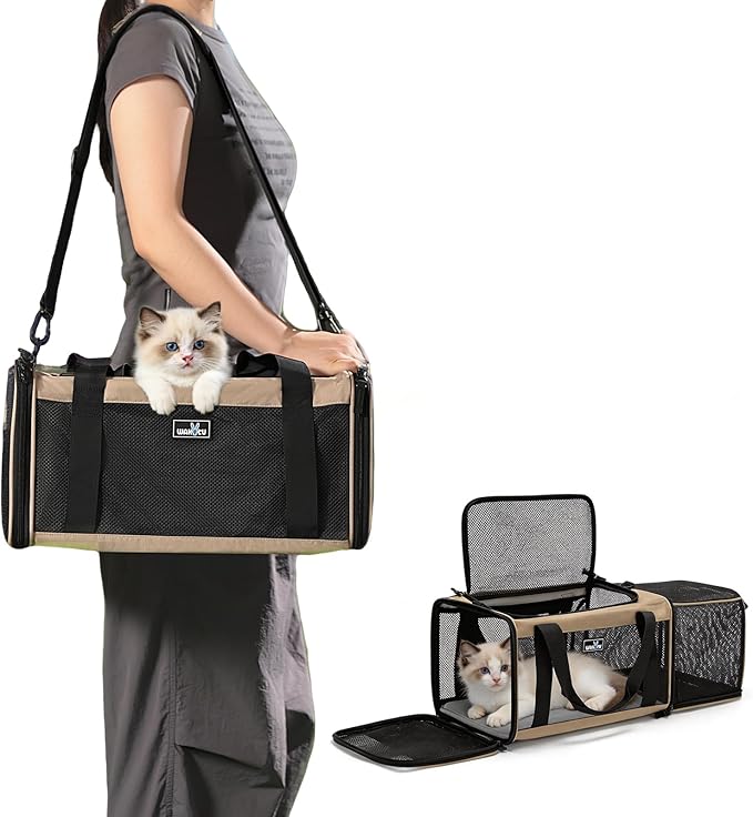 Wakytu Airline Approved Expandable Pet Carrier for Small Cats, Collapsible Travel Bag with 600D Oxford, Safety Lock Zipper,S