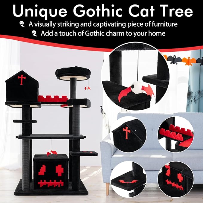 PETSITE 49 inch Gothic Cat Tree, Multi-Level Halloween Goth Cat Tree Tower with Coffin Bed, Scratching Posts, 2 Condos, Cozy Top Perch, Bat-Shaped Teasing Balls, Black