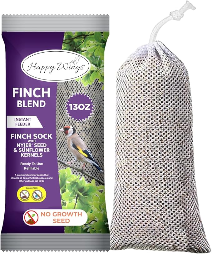 Happy Wings Finch Blend Bird Food, Mix of Sunflower Hearts/Kernels and Nyjer Seed Wild Bird Food-13 Ounce Pack of 2 | Prefilled Sock | No Grow Seed I Bird Seeds for Wild Birds