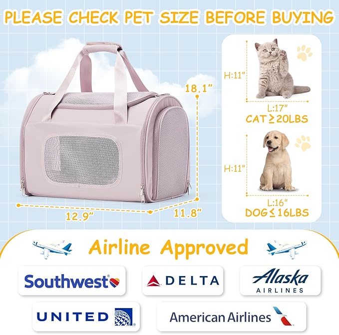 Cat Carrier Soft, Pet Dog Carrier Soft-Sided Airline Approved, Pet Travel Carrier Up to 20lbs, Collapsible Cat Carrier Dog Carrier for Medium Cats Small Dogs, Pink