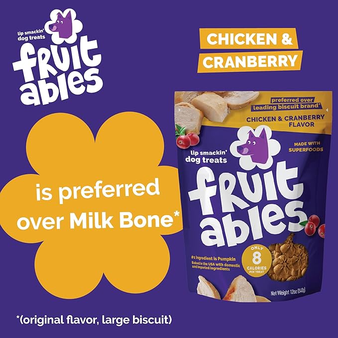 Fruitables Baked Dog Treats, Healthy Pumpkin Treat for Dogs, Low Calorie & Delicious, Made Without Wheat, Corn and Soy, Made in the USA, Allergy Friendly, Chicken and Cranberry Flavor, 20 oz