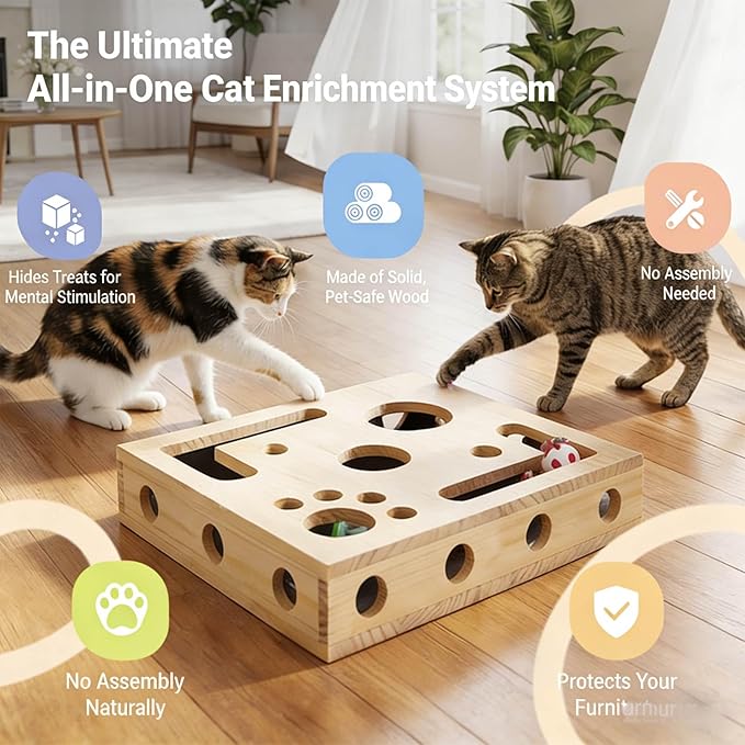 2026 Upgrade Nail File Stress Free Alternative ，Wood Cats Scratch Puzzle Enrichment Box with Bell Ball & Sandpaper Inside，Stress-Free Alternative to Claw Clippers & Grinders (Box)