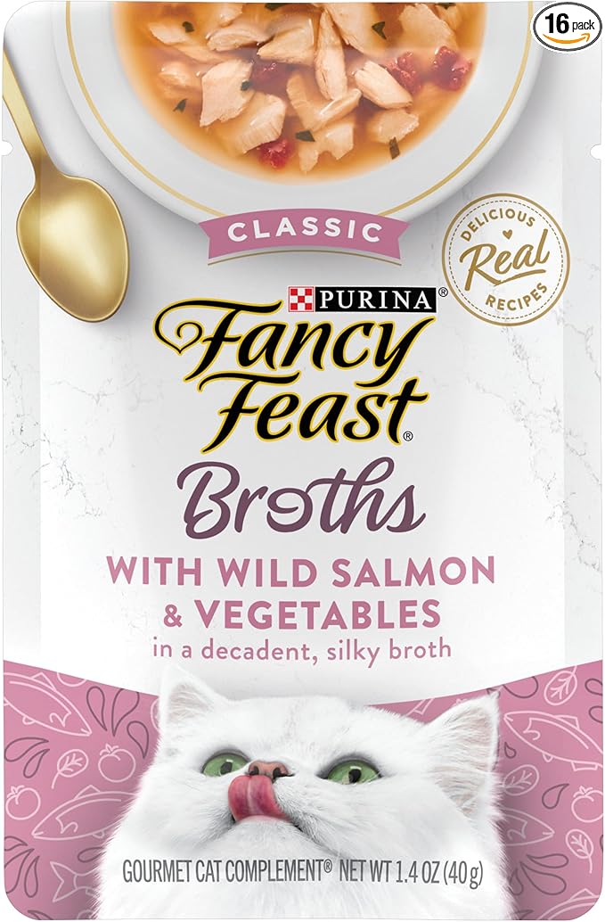 Purina Fancy Feast Lickable Wet Cat Food Broth Complement, Classic With Wild Salmon and Vegetables, (Pack of 16) 1.4 oz. Pouches