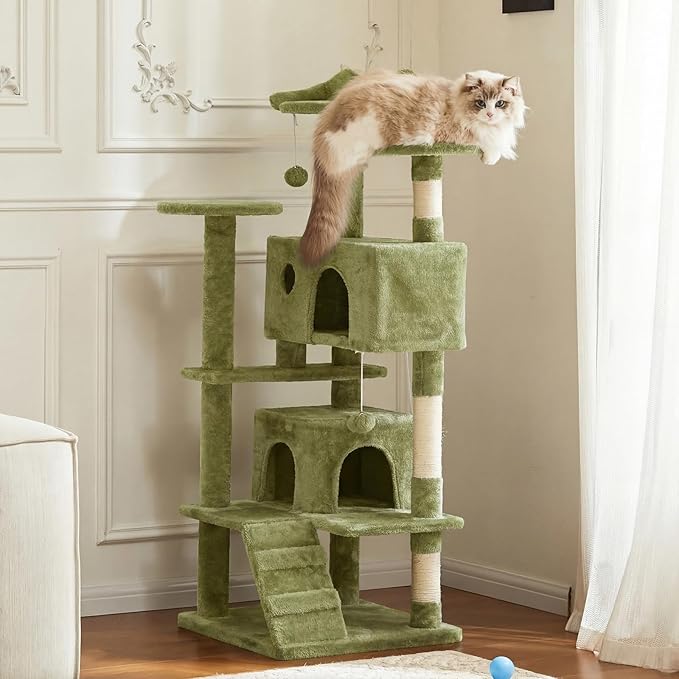 Cat Tree 54 Inch, Multi-Level Cat Tower with Condo, Perches, Sisal Scratching Posts and Climbing Ladder, Pet Play Toy Balls House for Indoor Cats, Green