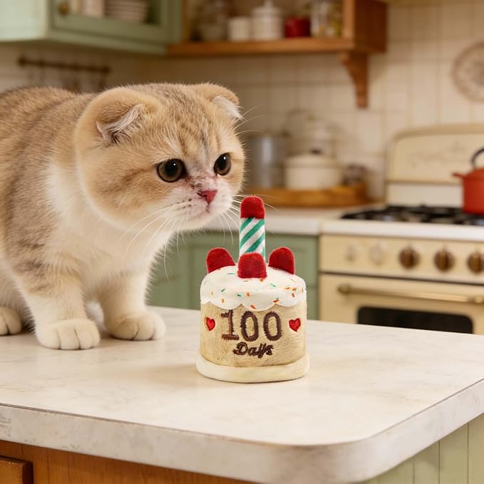 Cat Birthday Toy Kitten Cake with Birthday Hat Puppy Dog Plush Gift for Small Medium Pet (100 Day)