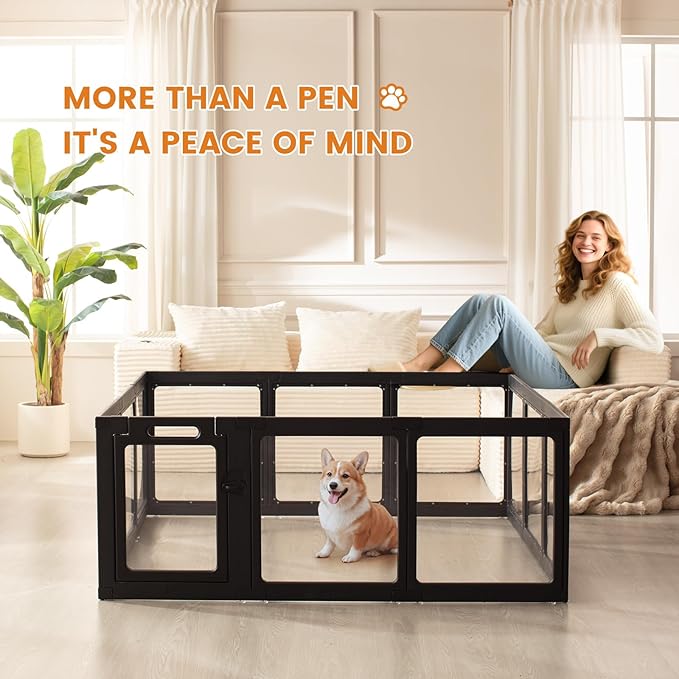 Clear Acrylic Dog Playpen Indoor, Puppy Cat Small Pet Play Pen, Pet Cat Playpen for Rabbits, Dog Fence Crate Kennel Whelping Cage (24", Black, 10 Panel)