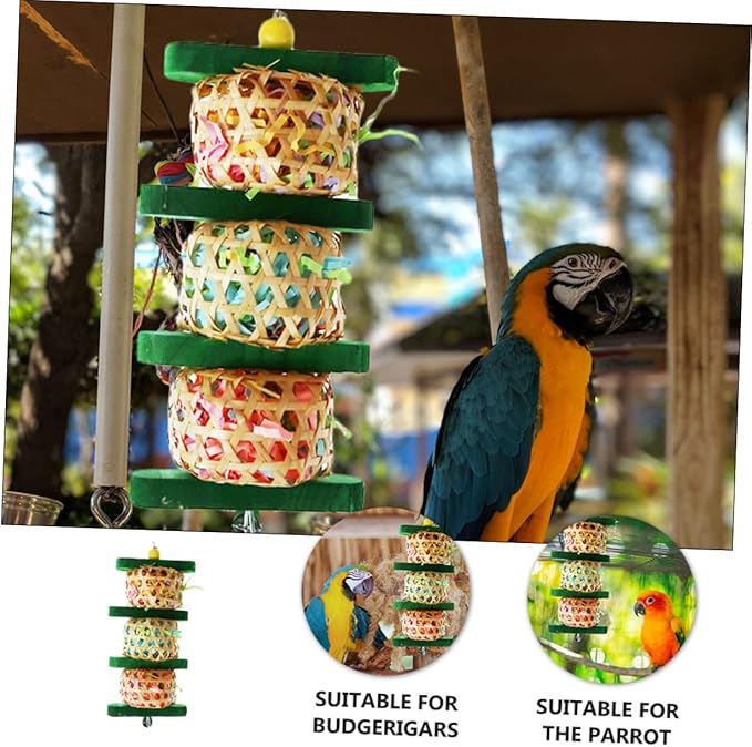 Parrot Chewing and Hanging Bell for Bird Cages, Woven Rattan and Wood Shredding Plaything, Safe Bite Accessory for Pet Parrots in Cage