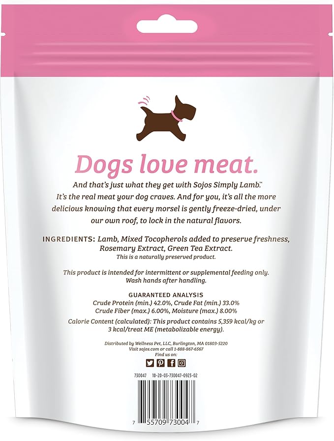 Sojos Simply Freeze Dried Dog Treats, Grain Free, Natural, Lamb Recipe, 4 oz Bag