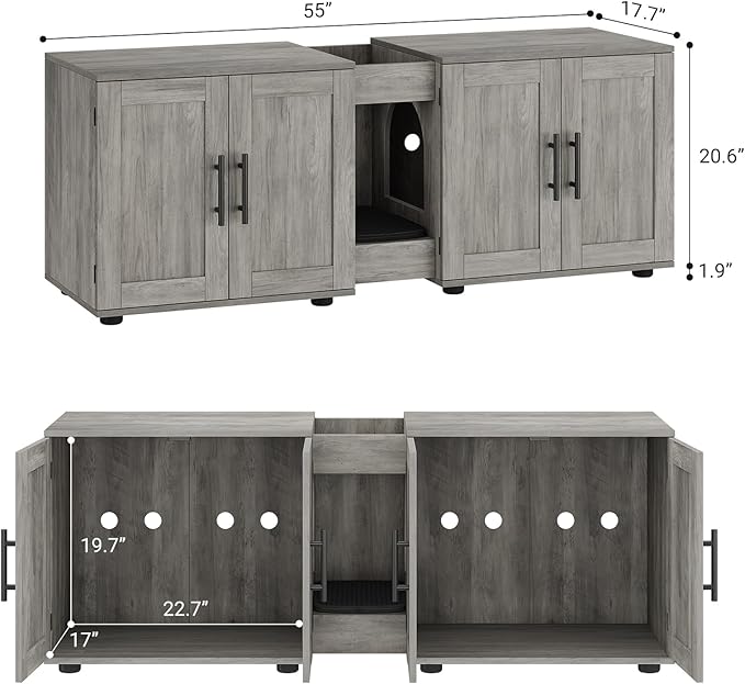Cat Litter Box Enclosure for 2 Cats,55" Large Hidden Litter Box Furniture with Barn Door & Double Rooms,Modern Indoor Pet House TV Stand Side Table,Cats Washroom,for Bedroom Living Room,Grey