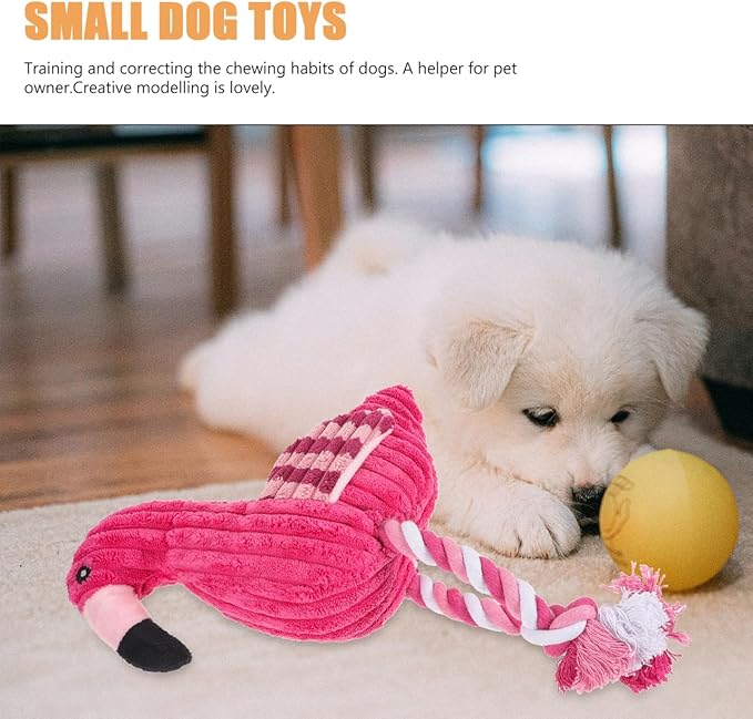 POPETPOP Flamingo Squeaky Rope Dog Toy 11.81X7.08X3.14In Interactive Corduroy Plush Chew Toy for Indoor Play Suitable for Small to Large Dogs