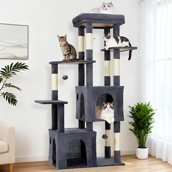 61.4 Inch Cat Tree, Large Cat Tower with Sisal Scratching Posts, 2 Spacious Cat Beds, Hanging Ball & Top Perch, Ideal for Large Indoor Adult Cats, Dark Gray