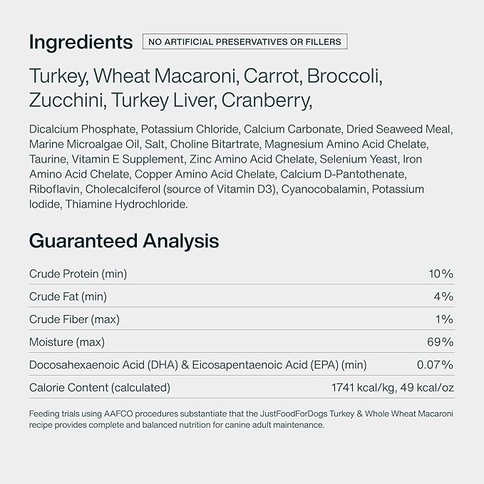 JustFoodForDogs Frozen Fresh Dog Food Toppers and Meals, Human Grade, Balanced Fresh Pet Meal or Topper, No Preservatives, Limited Ingredient Recipe, Turkey & Whole Wheat Macaroni 18 oz - 14 Pack